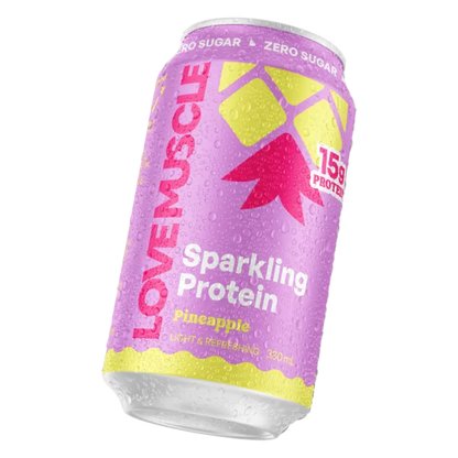 Love Muscle Sparkling Protein can with pineapple flavor on a white background