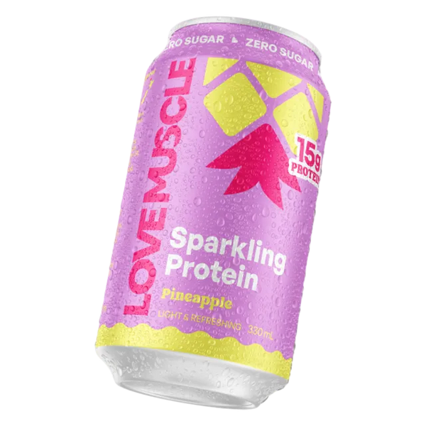 Love Muscle Sparkling Protein can with pineapple flavor on a white background
